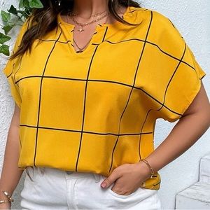 Plus Grid Notched Neckline Batwing Sleeve Blouse
